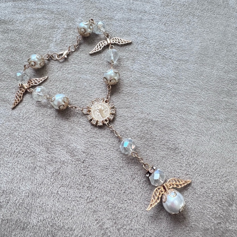 Elegant Angel Wing Pearl Rosary Bracelet